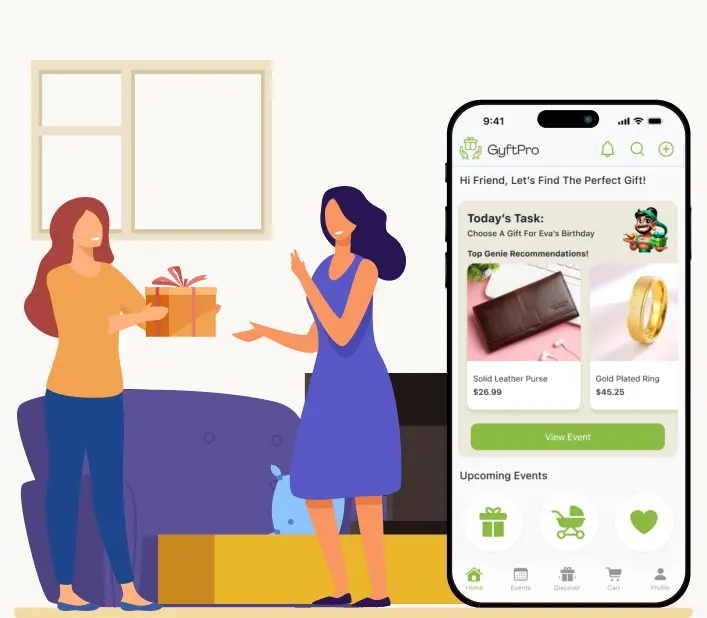 A woman giving gift to another beside the GyftPro app